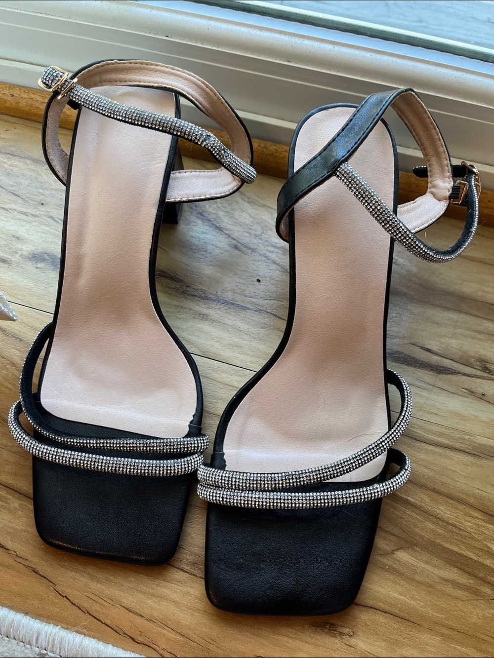 SHEIN Crystal-Trim Black Strappy Heels for Women